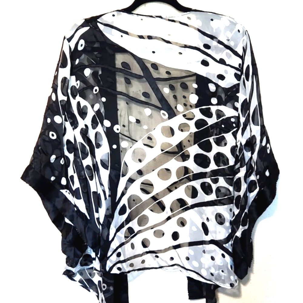 Sheer Black and White Polka Dot Kimono Cardigan - Picture 2 of 12